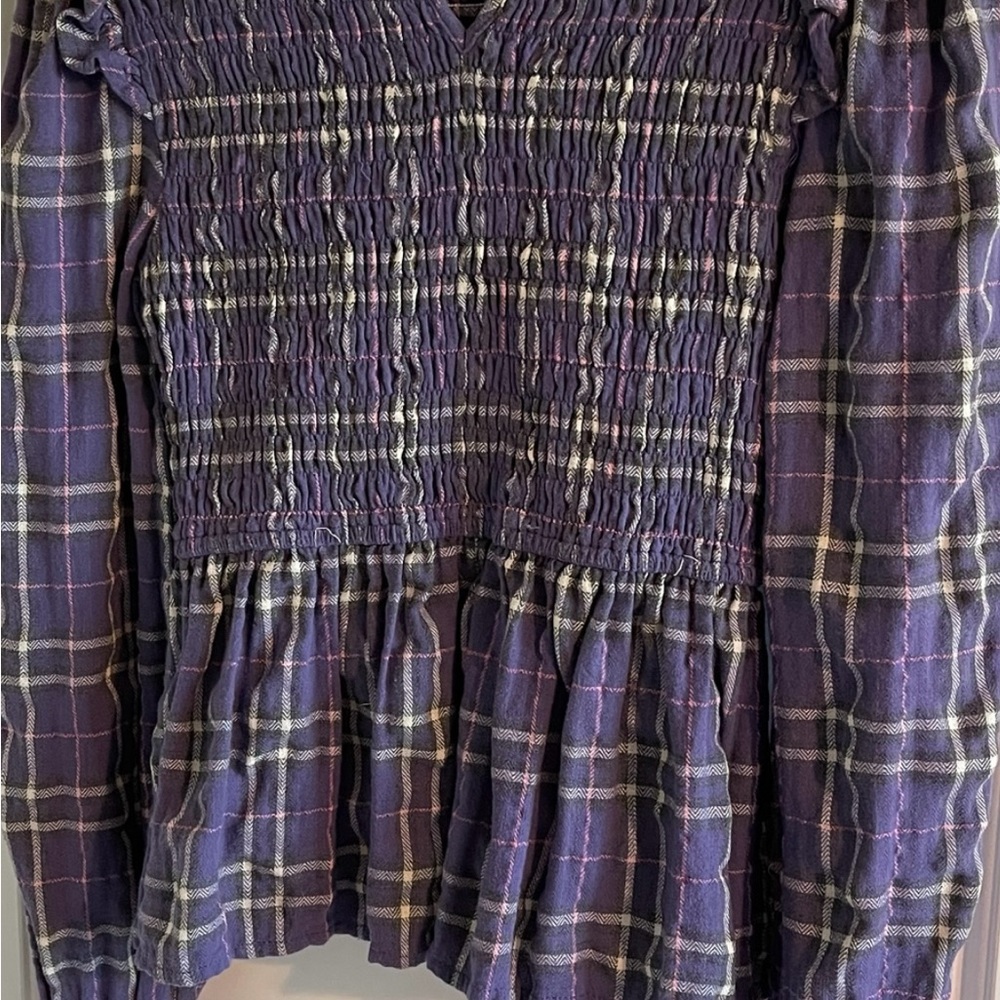 She & Sky Smocked Plaid Blouse Cottagecore Academia Peplum Puff Sleeve Sz S - Picture 5 of 7